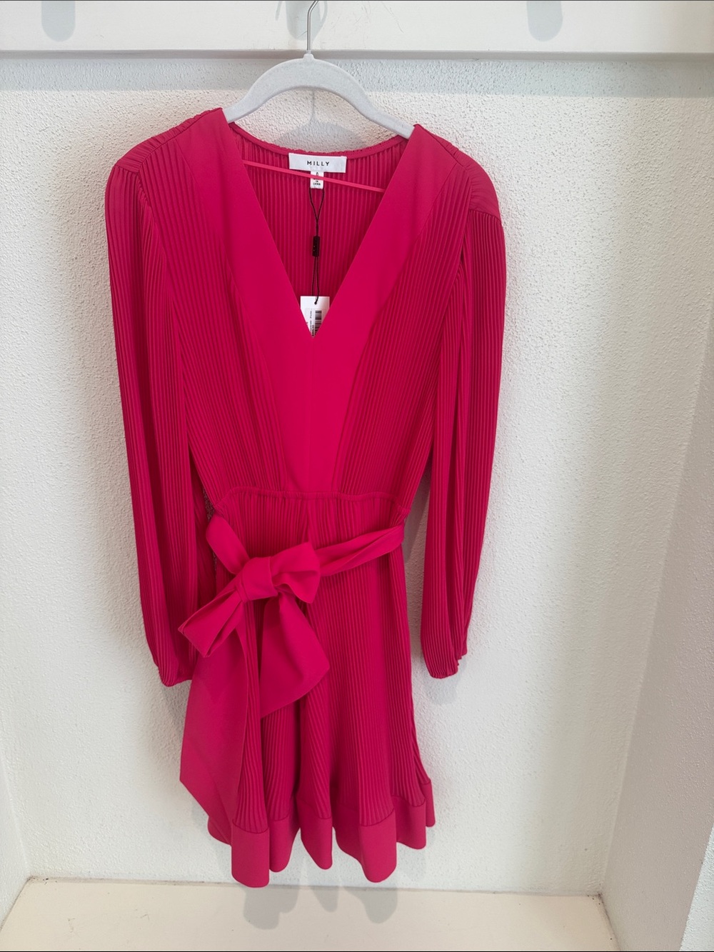 Milly Bright Fuchsia Pleated V-Neck Tie-Waist Tunic